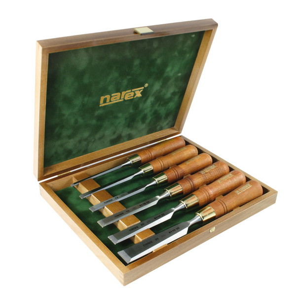 Narex Premium Bevel Edge Chisel Set with Stained Hornbeam Wood Waxed Handles, Set of 4 Pcs
