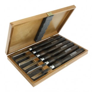 Set of woodturning chisels in wooden box